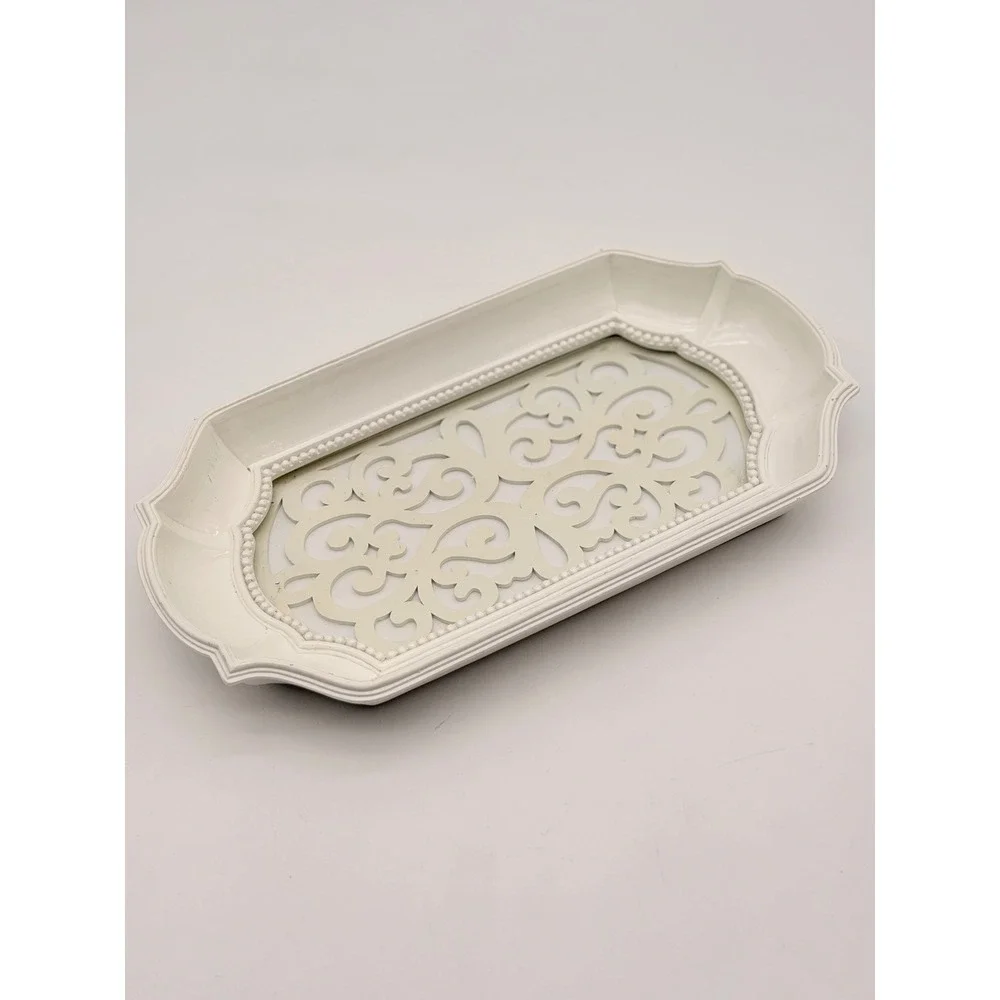 Cream White Metal Scrollwork Mirror Vanity Tray Beaded Edge French Country 15in
